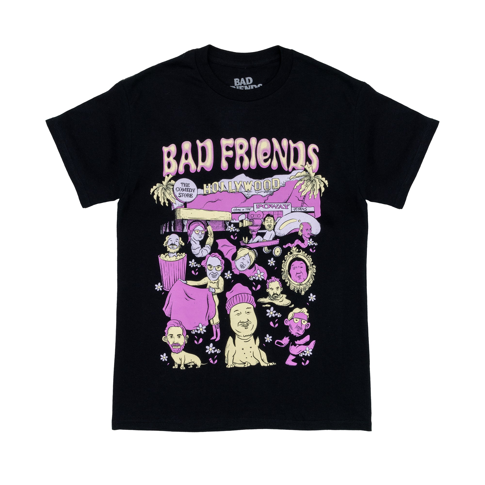 Black short sleeved t-shirt Bad Friends world purple and yellow cartoons