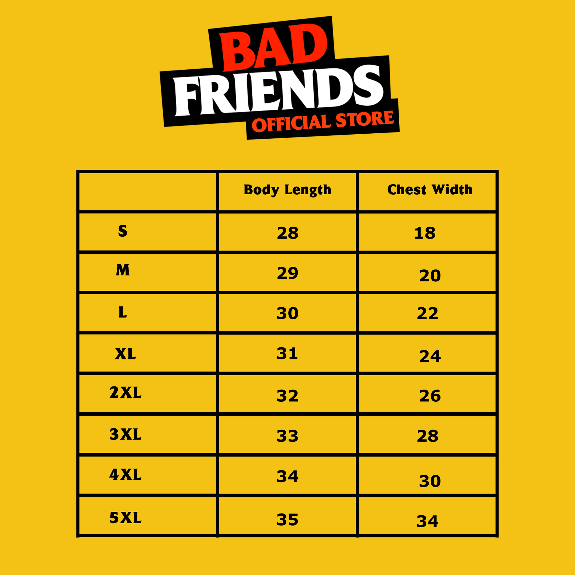 Bad friends sizing chart